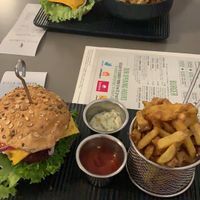 Cheese burger, fries and chili fries at Attila Hildmann Organic Snackbar I in Berlin