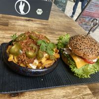 Cheeseburger and chili cheese fries  at Attila Hildmann Organic Snackbar I in Berlin