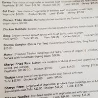 Dine in menu at Sherpa Cafe in Gunnison