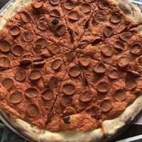 Cashew cheese pizza (amazing) with “pepperoni" at Pizza Head in St Louis