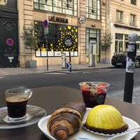 Chocolate croissant, citrus dome, acai cup, espresso at Laelo in Paris