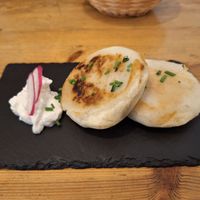 Tortitas de patata rellenas de setas con veganesa. at La Raposa del Poble Sec in Barcelona