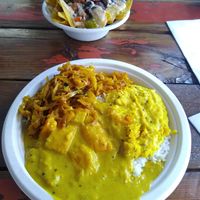 Curry plate- cabbage, daal, and squash curries with rice. at Moab Kitchen in Moab