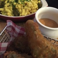 A balanced dinner of fried pickles & jalapeño mac and cheese.   at The Snug Public House in Brunswick