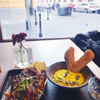 Gyoza and yellow hummus - absolutely delicious!  at Foodstock  in Bratislava