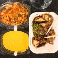 Crunchy gyoza, yellow hummus and kimchi from delivery at Foodstock  in Bratislava