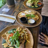 Scrambled Tempe, banana pancake and avocado toast  at Atman Nourish Kafe in Ubud