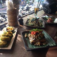 samosas, tempeh scramble, urap-urap with 2 types of rice (left to right) at Atman Nourish Kafe in Ubud