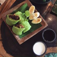pandan pancakes with coconut  at Atman Nourish Kafe in Ubud