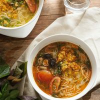 Bún riêu- Rice noodles soup with vegan crab meat at Vegan Kitchen in Ho Chi Minh City
