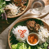Vermicelli with vegan grilled meat, fresh vegetables and herbs at Vegan Kitchen in Ho Chi Minh City