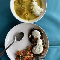 Curry, zucchini frittata and tomato salsa  at Wonderland Healing Center Vegan Buffet in Koh Phangan
