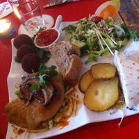 3 starter as a main course. ravioli, cheese, meatball-ish thing. at ACU in Utrecht