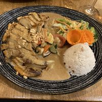 Veggies and rice with vegan duck and peanut sauce.  at Chay Long in Berlin