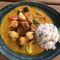 vegan chicken in a peanut butter curry with organic rice and fresh vegetbales at Chay Long in Berlin