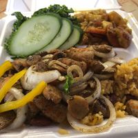 Vegan Shrimp, Spanish style rice w/beans, curry chickpeas and kale salad at Universal Love Vegan Cafe  in Columbia