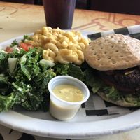 Good Burger, mac no cheese and kale salad at Universal Love Vegan Cafe  in Columbia