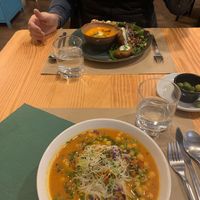 Amazing thai soup with chickpeas and today's lunch, falafel.  at Mapa Verde in San Sebastian