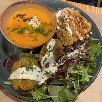 Carrot and orange soup, falafel, quinoa and salad   at Mapa Verde in San Sebastian