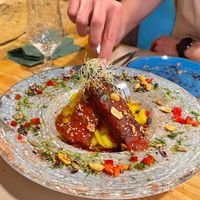 ASADO DE JACKFRUIT con patatas al homo y salsa barbacoa  at Mapa Verde in San Sebastian