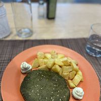 Pea spinach lupin matcha cutlet with potatoes and herbal mayonnaise   at VgOloso in Venice