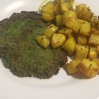 Lupin and spinach paned cutlet and roast potatoes  at VgOloso in Venice