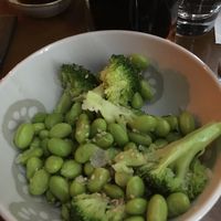 Soybeans and broccoli as a side dish. Lots of salt, which made it great!  at East  in Stockholm