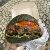 Black burger plus an extra been patty! at Las Vegans in Rio De Janeiro