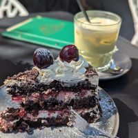 Schwarzwalder Kirsch Torte und Iced Matcha Latte at Rosenberg in Potsdam