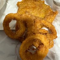 Mushy pea fritter with half a portion of calamari  at Shakey Shakey in Ramsgate