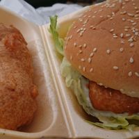 tofish burger and battered sausage  at Shakey Shakey in Ramsgate