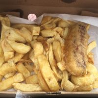 Battered sausage (Linda McCartney) and chips at Shakey Shakey in Ramsgate