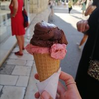 Dark chocolate and strawberry, both vegan at Gelateria Marmont in Split