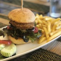 Vegan burger with fries at Rad Rabbit in Chiang Mai
