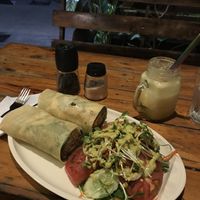 Vegan ”chicken” wrap and pineapple smoothie  at Rad Rabbit in Chiang Mai