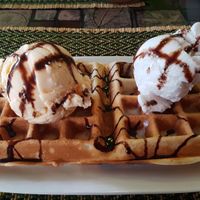 Waffles with vanilla and coconut ice cream at Rad Rabbit in Chiang Mai