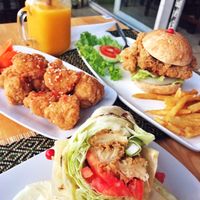 chick’n wrap, burger, cauliflower wings  at Rad Rabbit in Chiang Mai