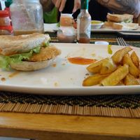 Fried chicken sandwich and sweet potato fries, excellent! at Rad Rabbit in Chiang Mai