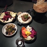 Hummus two ways - one with eggplant and the other with mushroom at The Hummus Club in Northbridge