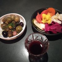 Olives and pickles as palate cleansers. Plus mulberry and plum gin (delicious!) at The Hummus Club in Northbridge