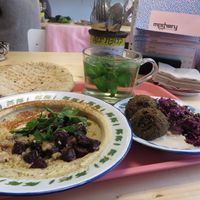 Lunch special: beetroot hummus with walnuts, green falafels, Arabic red cabbage and date salad, with mint tea (all vegan) at Mashery - Hummus Kitchen in Cologne
