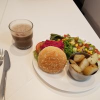 Beet burger and banana, milk, cinnamon, cacao smoothie at 143V in Cork