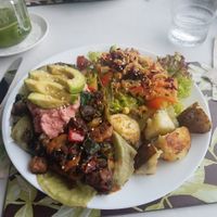 Spurilina pancakes with fresh vegetables and hummus at 143V in Cork