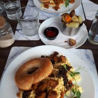Amazing bagels and beans breakfast with seitan sausage at 143V in Cork