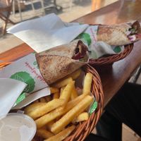 Hummus falafel wrap & chips with vegan tahini  at Falafel Xpress in Chester