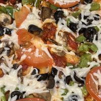 Mushrooms , Olives, Green Peppers, Tomatoes & Vegan Cheese on a Mega Thick Crust w/ Tomato Sause  at Mod Pizza in Hillsboro