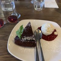 Vegan chocolate torte with raspberry compote and soy vanilla ice-cream at Liberty Grill in Cork