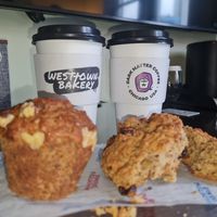 Oat milk, vanilla lattes, trail blaze scone & banana muffin ....yummy 😋 at West Town Bakery - River North in Chicago