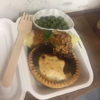 steak and ale pie, minty peas and mash with gravy and crispy onions at Young Vegans - Online only in East London