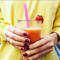Fruit smoothie with vegetable milk or orange juice at Strata Bakery in Barcelona